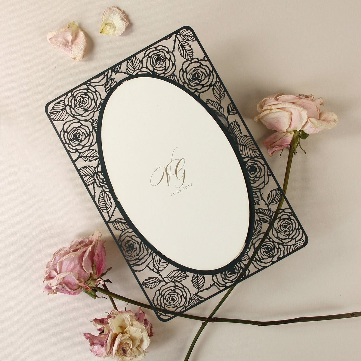 Champagne Romantic Roses Mirror Laser Cut le jour du mariage Invitation