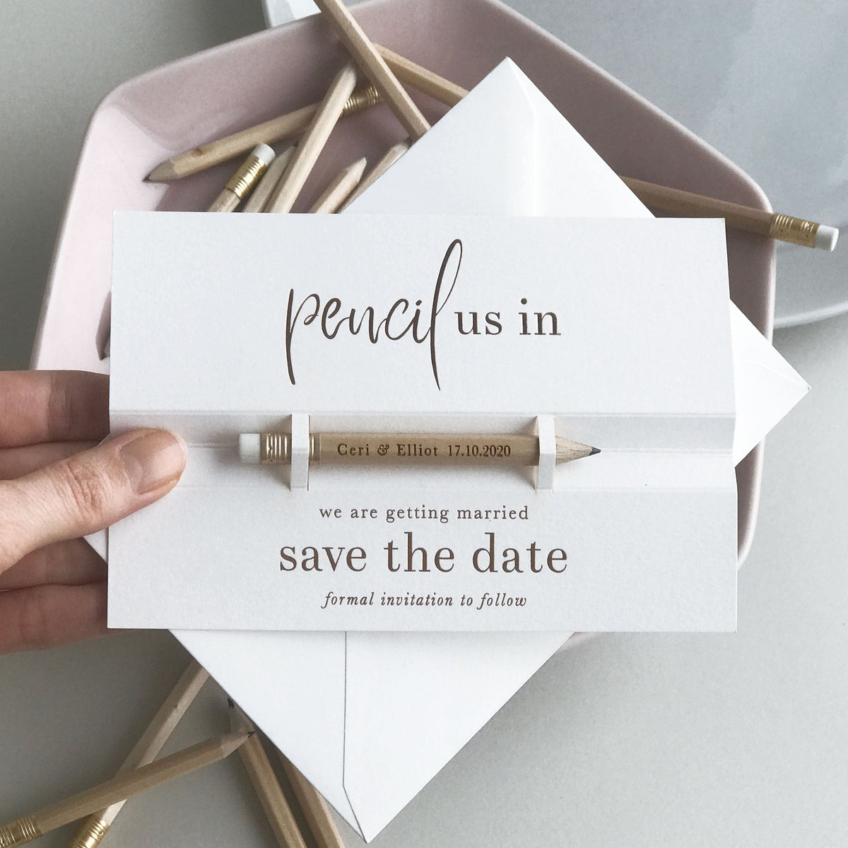 Save the Date - Pencil us in ✏  Wedding Card in Real Foil your names Engraved