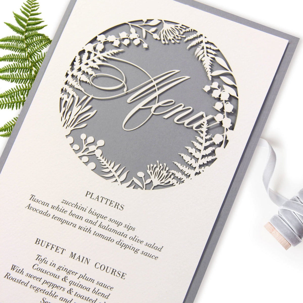 Grey Fern laser cut menu