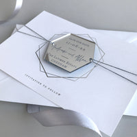 Magnete a specchio esagonale, incisione personalizzata, biglietto salva-data con vera lamina