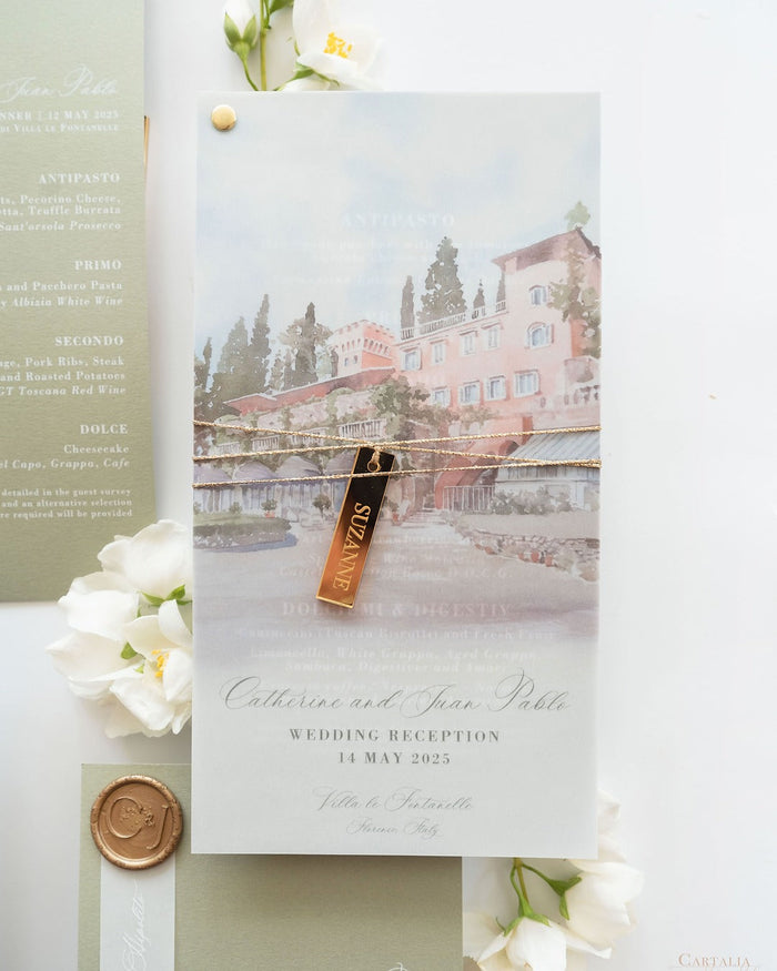 A vellum cover digitally printed with a watercolour illustration of Villa del Fontanello, overlaying a menu printed on sage green cardstock in white digital ink.