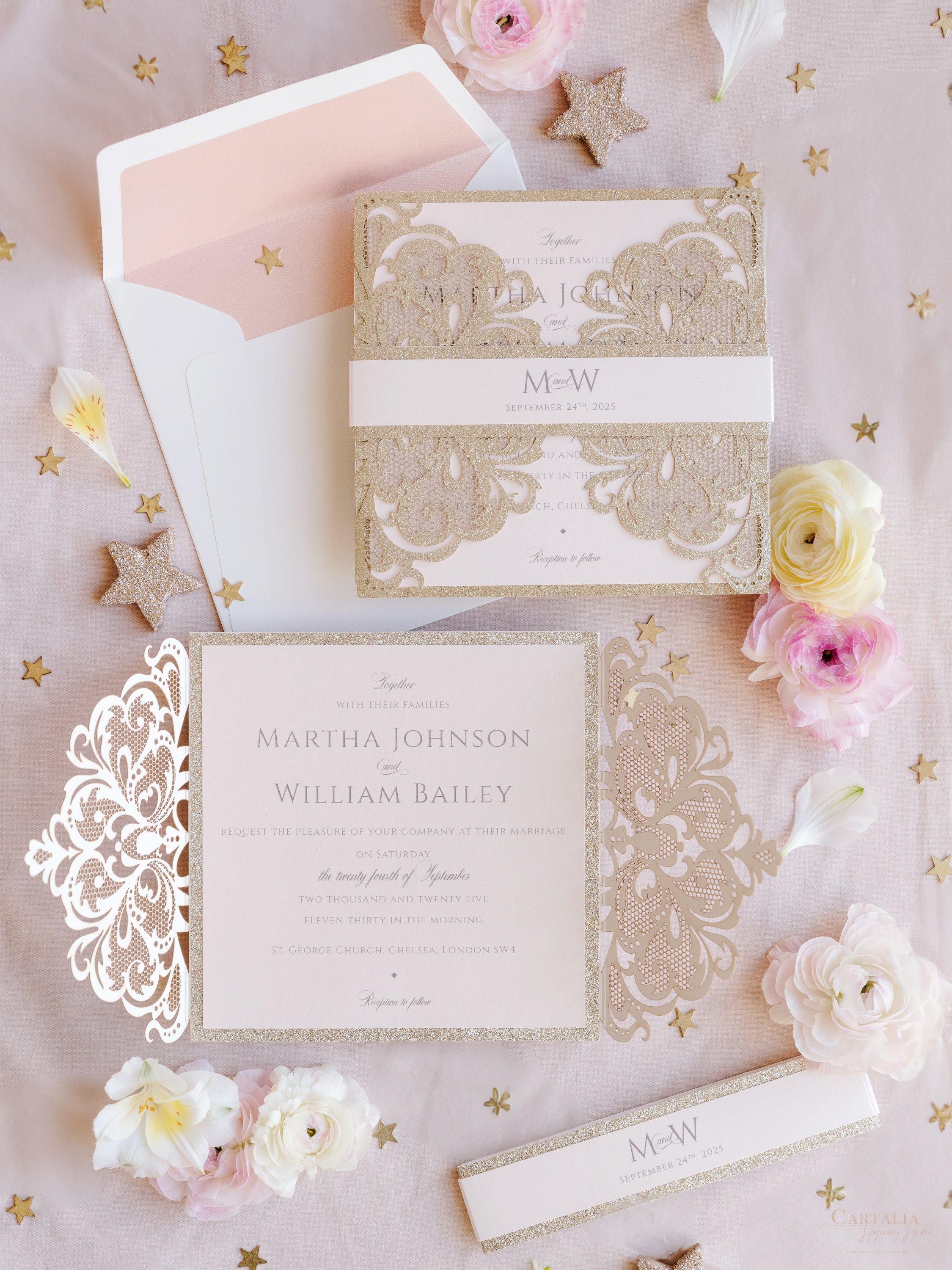 Gold Glitter Sparkle Laser cut Set Wedding Invitation with