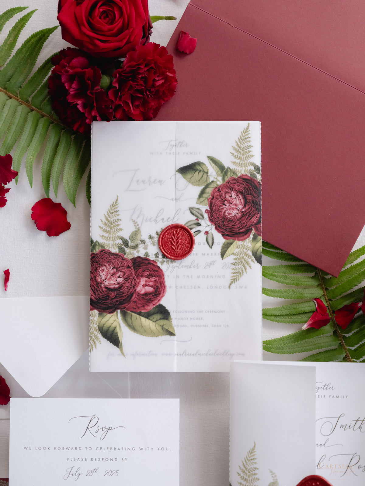 Modern Calligraphy Vellum Parchment Sleeve Invitation with Deep Red Floral Accents and Bordeaux Wax Seal