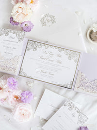 Luxury Roses Silver Foil & Lilac Invitation Pocket Fold Suite | Commission sur mesure G&D