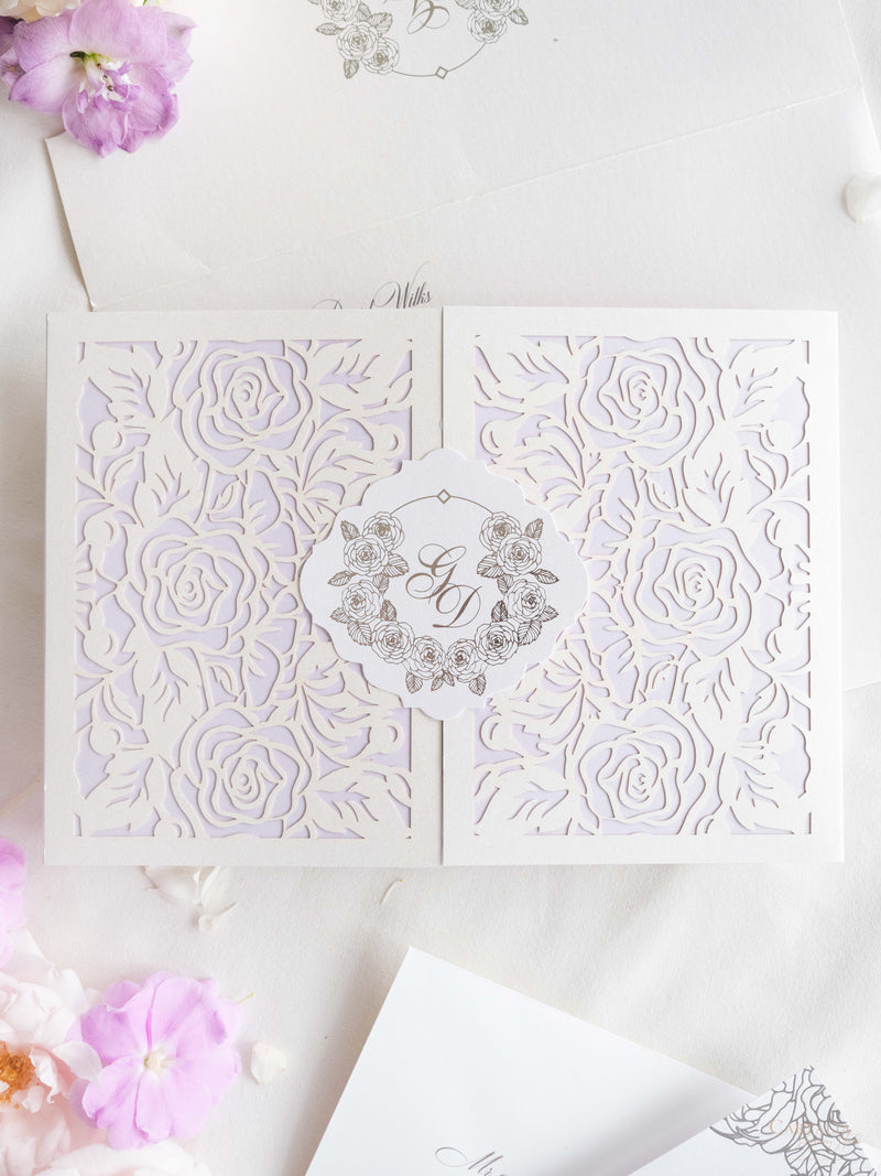 Luxury Roses Silver Foil & Lilac Invitation Pocket fold suite  | Bespoke Commission G&D