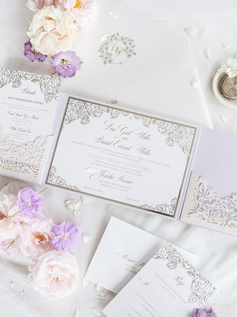 Luxury Roses Silver Foil & Lilac Invitation Pocket fold suite  | Bespoke Commission G&D