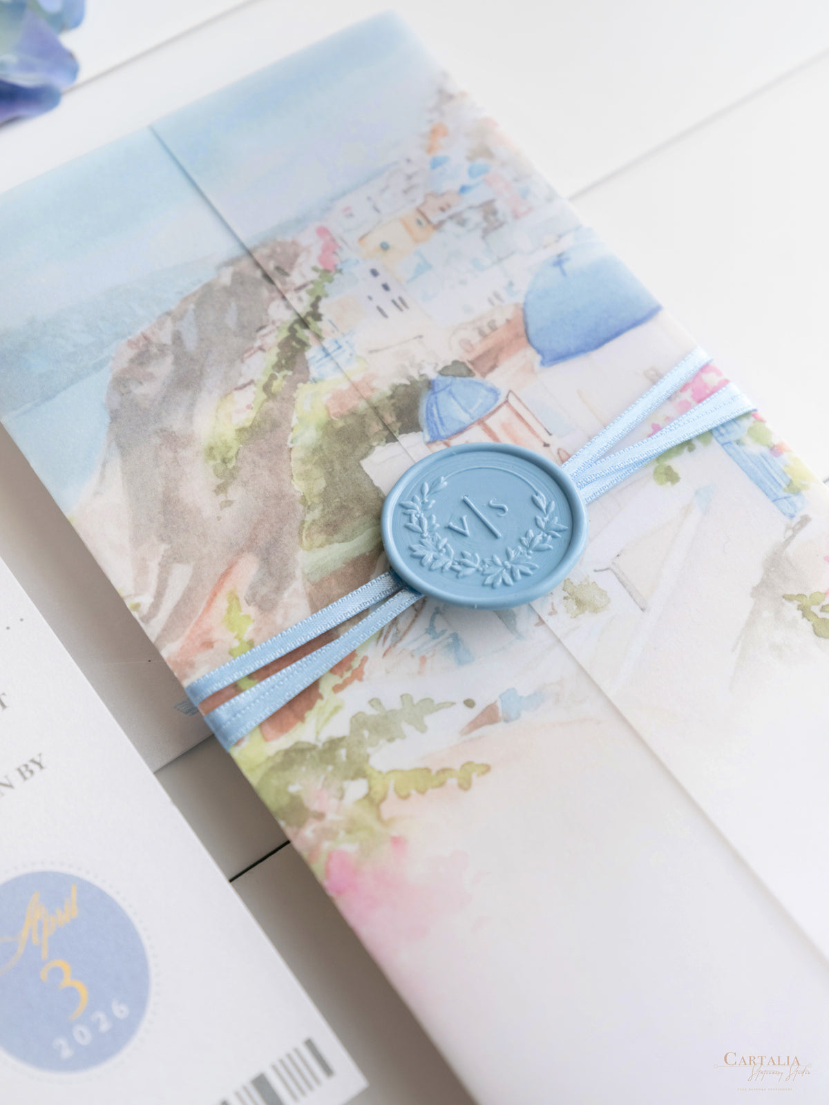 Passport Invitation Suite with Custom Vellum Watercolour Design | Santorini, Greece