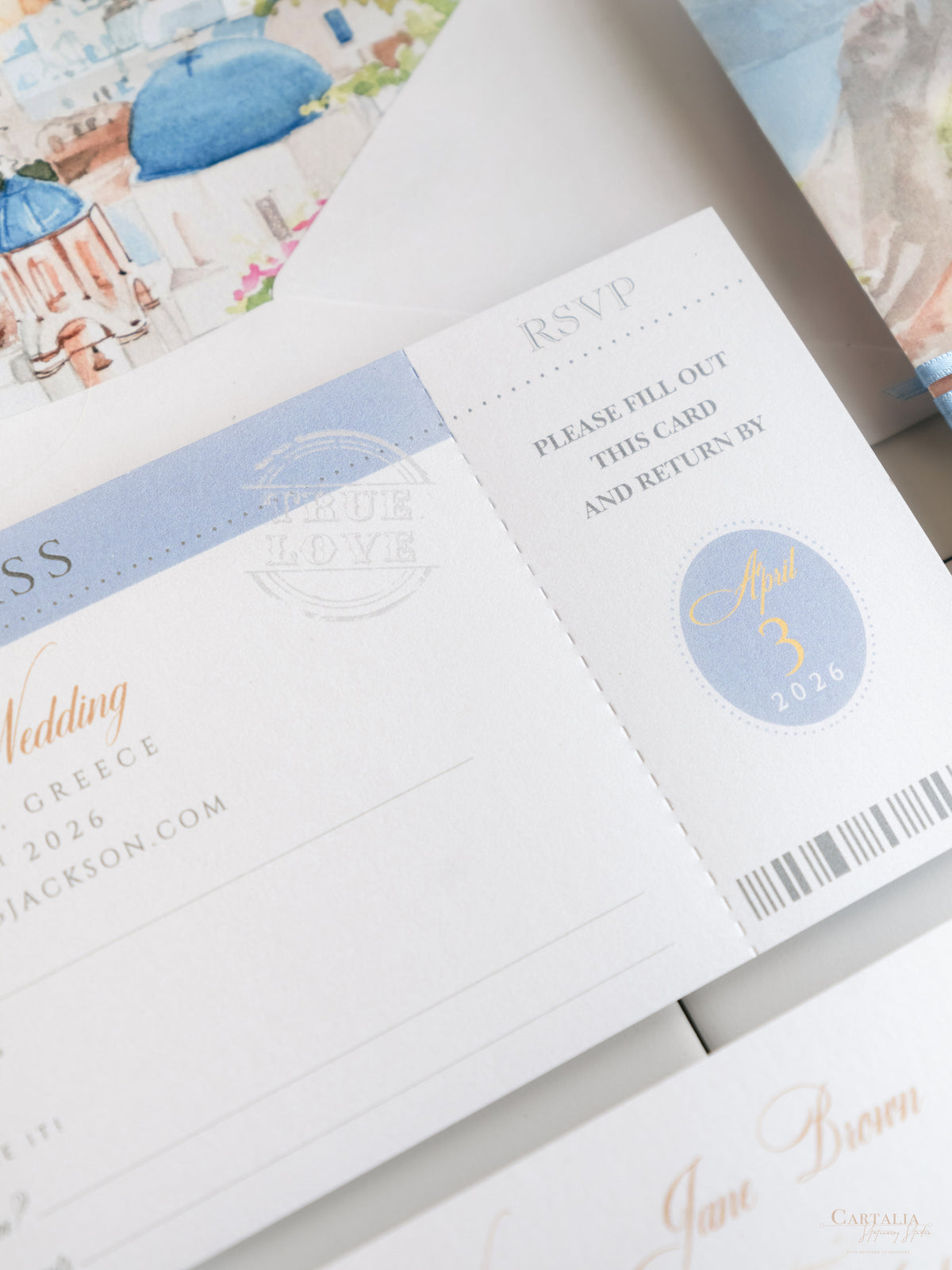 Passport Invitation Suite with Custom Vellum Watercolour Design | Santorini, Greece