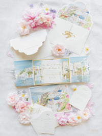 Watercolour Santorini Venue Pocketfold Wedding Invitation Suite | Bespoke Commission F&V, Santorini Gem