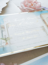 Watercolour Santorini Gem Venue Pocketfold Wedding Invitation Suite | Bespoke Commission F&V