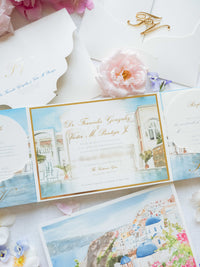 Watercolour Santorini Gem Venue Pocketfold Wedding Invitation Suite | Bespoke Commission F&V