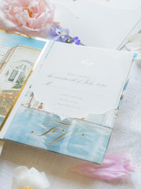 Watercolour Santorini Gem Venue Pocketfold Wedding Invitation Suite | Bespoke Commission F&V