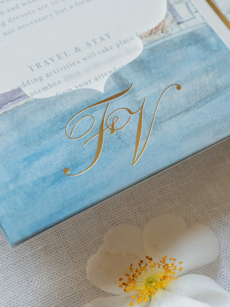 Suite per inviti di nozze tascabili Santorini ad acquerello | Commissione su misura F&amp;V