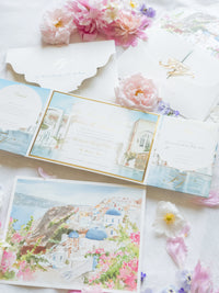 Watercolour Santorini Gem Venue Pocketfold Wedding Invitation Suite | Bespoke Commission F&V