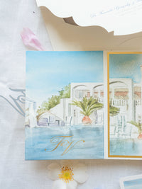 Watercolour Santorini Venue Pocketfold Wedding Invitation Suite | Bespoke Commission F&V, Santorini Gem