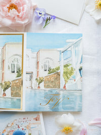 Watercolour Santorini Venue Pocketfold Wedding Invitation Suite | Bespoke Commission F&V, Santorini Gem