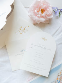 Aquarelle Santorin Pocketfold Wedding Invitation Suite | Commission sur mesure F&V