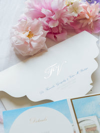 Watercolour Santorini Venue Pocketfold Wedding Invitation Suite | Bespoke Commission F&V, Santorini Gem