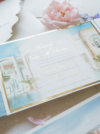 Watercolour Santorini Gem Venue Pocketfold Wedding Invitation Suite | Bespoke Commission F&V