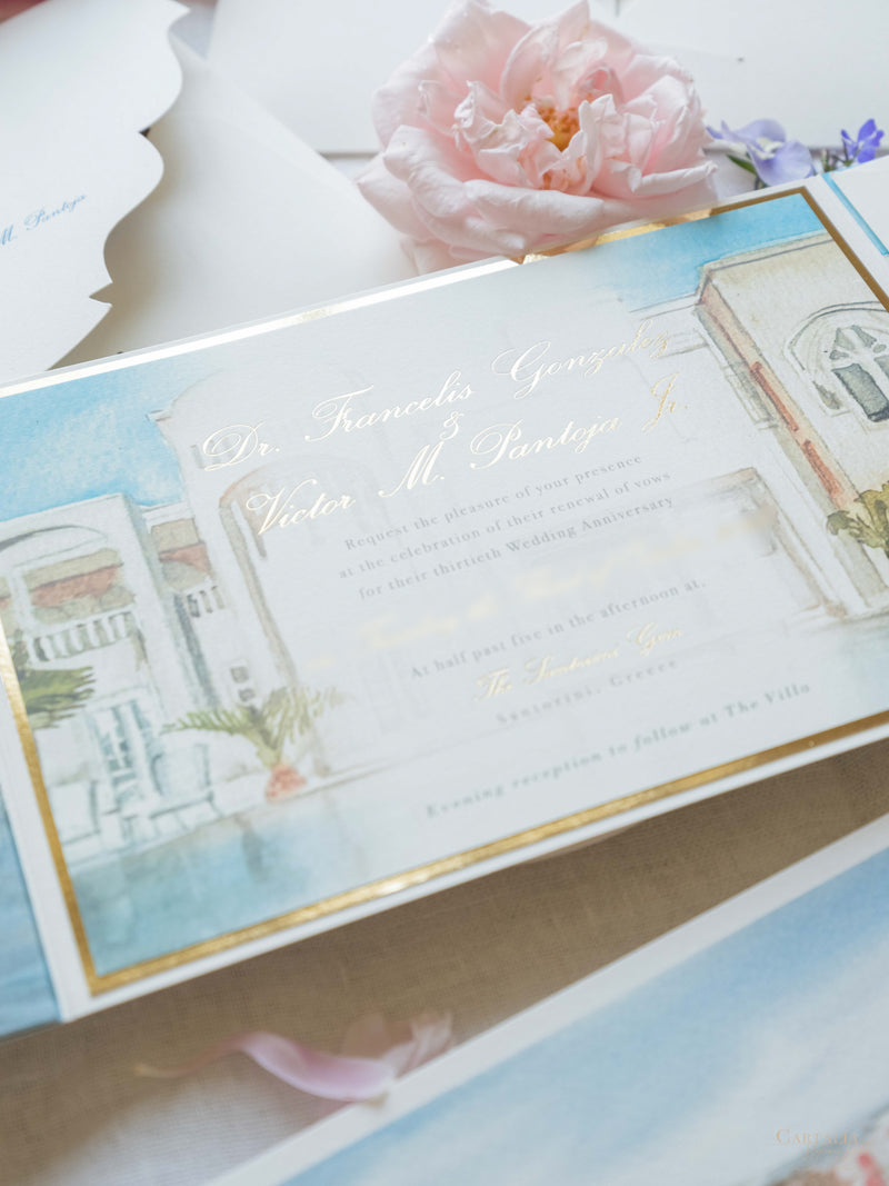 Watercolour Santorini Pocketfold Wedding Invitation Suite | Bespoke Commission F&V