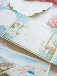 Watercolour Santorini Venue Pocketfold Wedding Invitation Suite | Bespoke Commission F&V, Santorini Gem