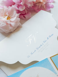 Watercolour Santorini Venue Pocketfold Wedding Invitation Suite | Bespoke Commission F&V, Santorini Gem