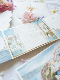 Watercolour Santorini Gem Venue Pocketfold Wedding Invitation Suite | Bespoke Commission F&V