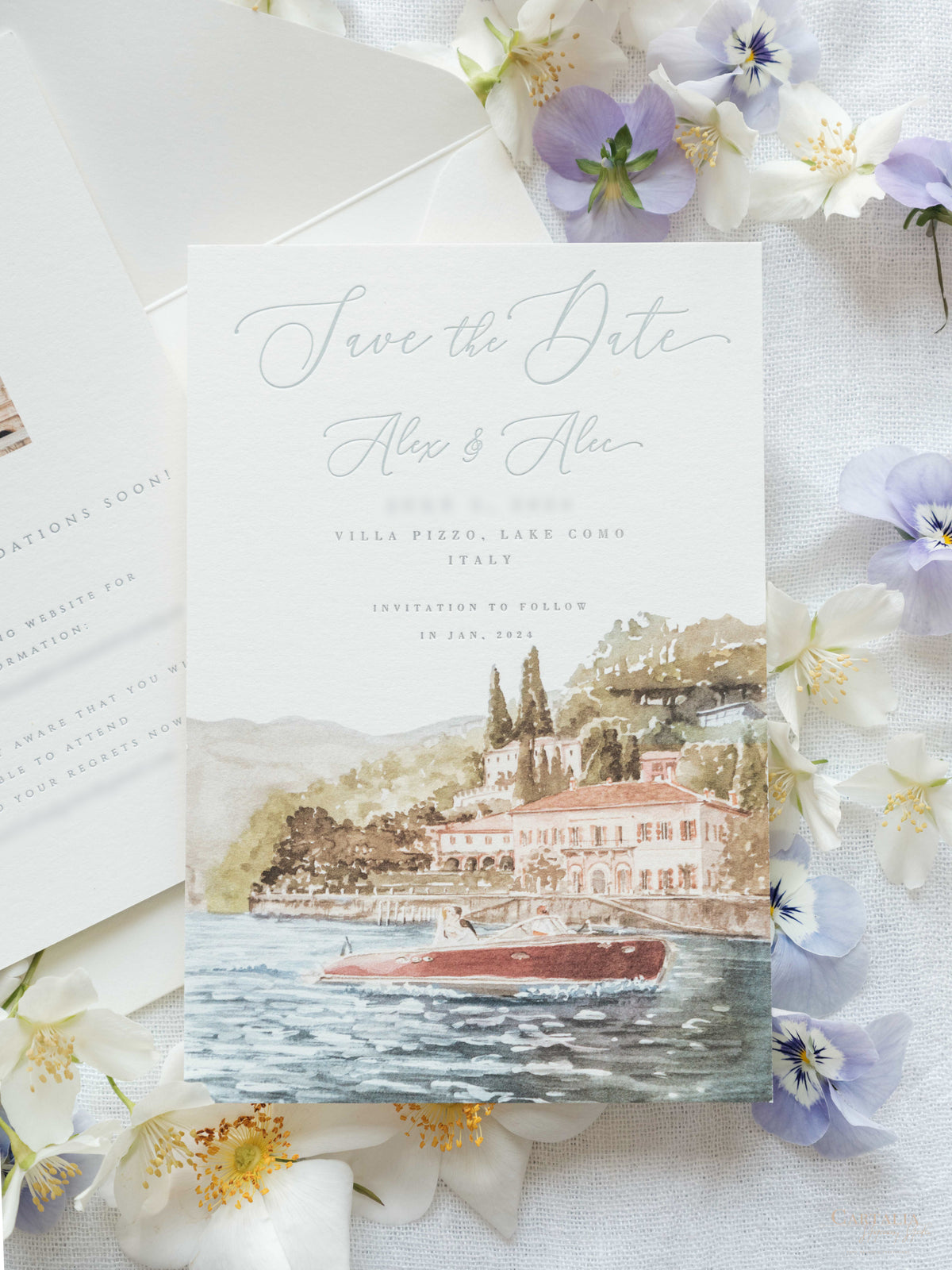 Reserva la fecha pintada a mano de lujo con sello de cera y acuarela del lugar | Villa Pizzo, Lago Como, Italia