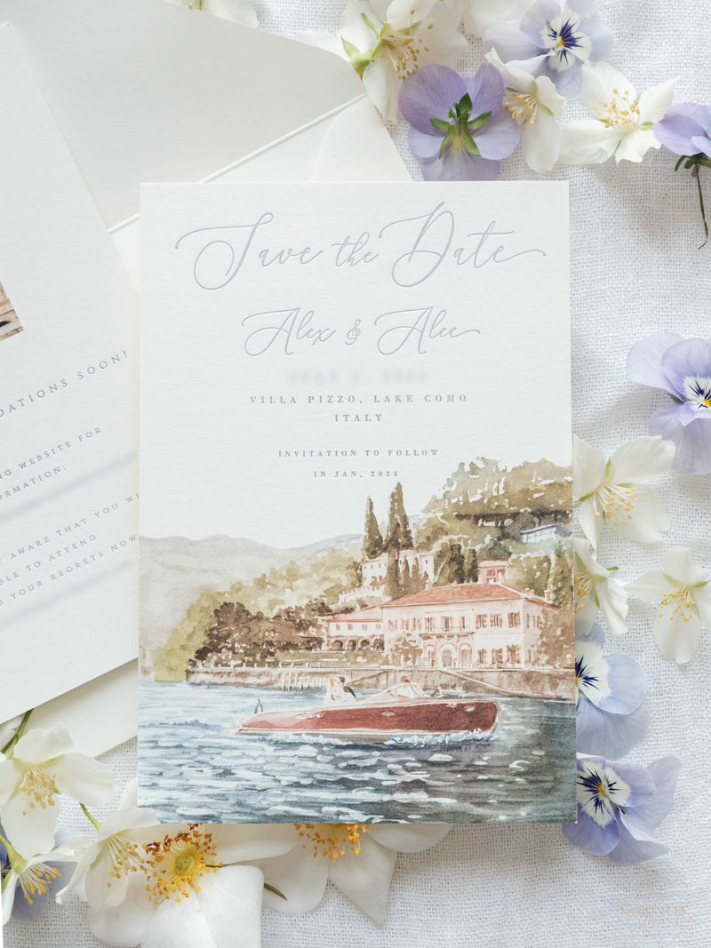Lake Como Save The Date with Venue Watercolour & Wax Seal | Sample : Villa Pizza