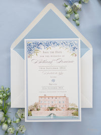 Invito personalizzato per la location del matrimonio in acquerello con lamina d'oro | Villa Regina Teodolinda | Lago di Como