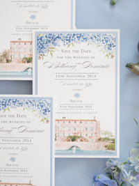 Invito personalizzato per la location del matrimonio in acquerello con lamina d'oro | Villa Regina Teodolinda | Lago di Como