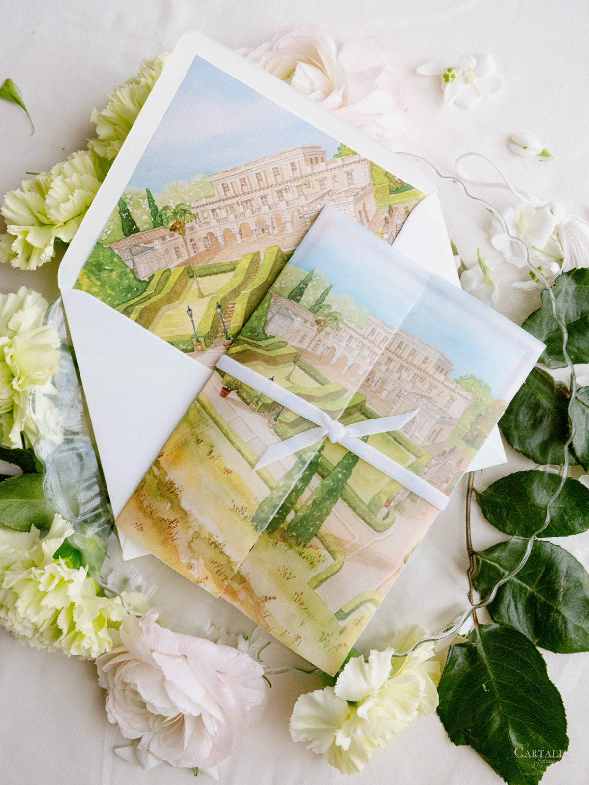 Watercolour Vellum Wrap Villa Miani Invitation with Velvet Ribbon | Bespoke Comission for I&B