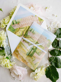 Watercolour Vellum Wrap Villa Miani Invitation with Velvet Ribbon | Bespoke Comission for I&B