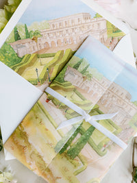 Watercolour Vellum Wrap Villa Miani Invitation with Velvet Ribbon | Bespoke Comission for I&B