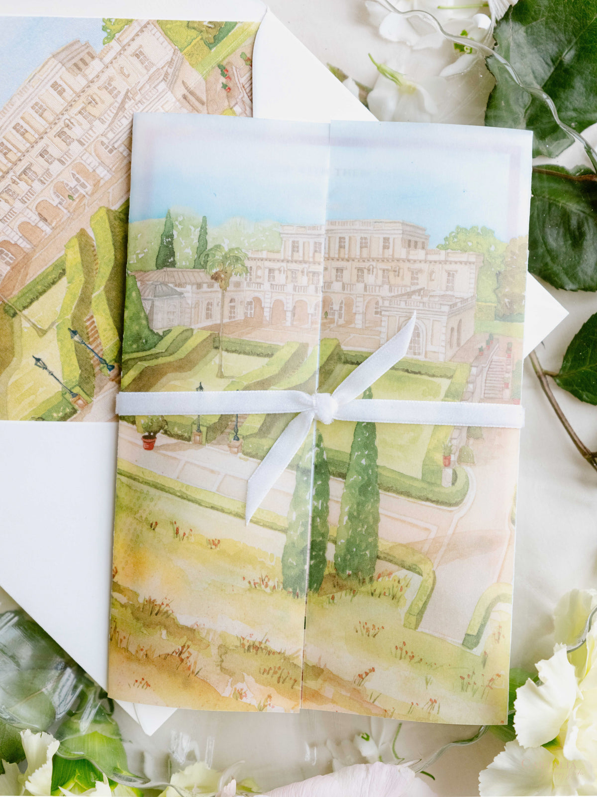 Watercolour Vellum Wrap Villa Miani Invitation with Velvet Ribbon | Bespoke Comission for I&B