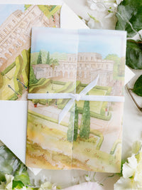Watercolour Vellum Wrap Villa Miani Invitation with Velvet Ribbon | Bespoke Comission for I&B