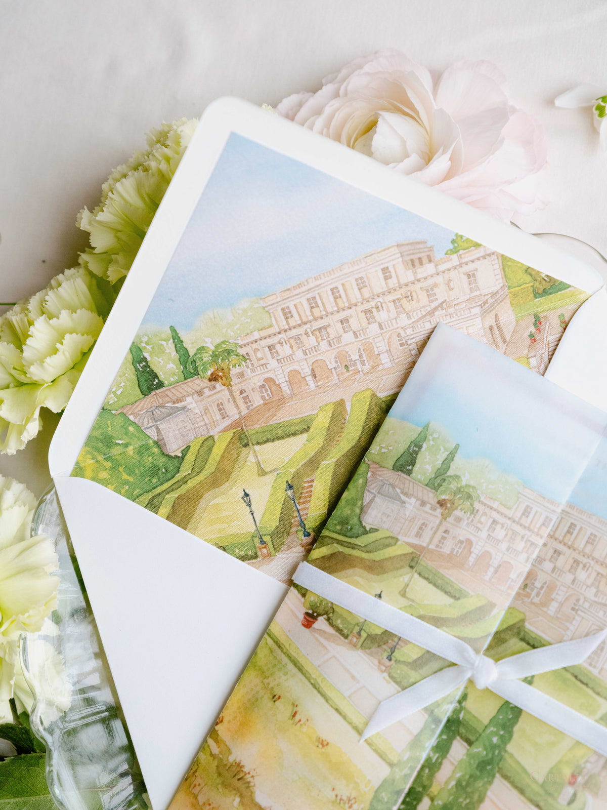 Watercolour Vellum Wrap Villa Miani Invitation with Velvet Ribbon | Bespoke Comission for I&B
