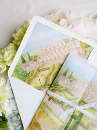 Watercolour Vellum Wrap Villa Miani Invitation with Velvet Ribbon | Bespoke Comission for I&B