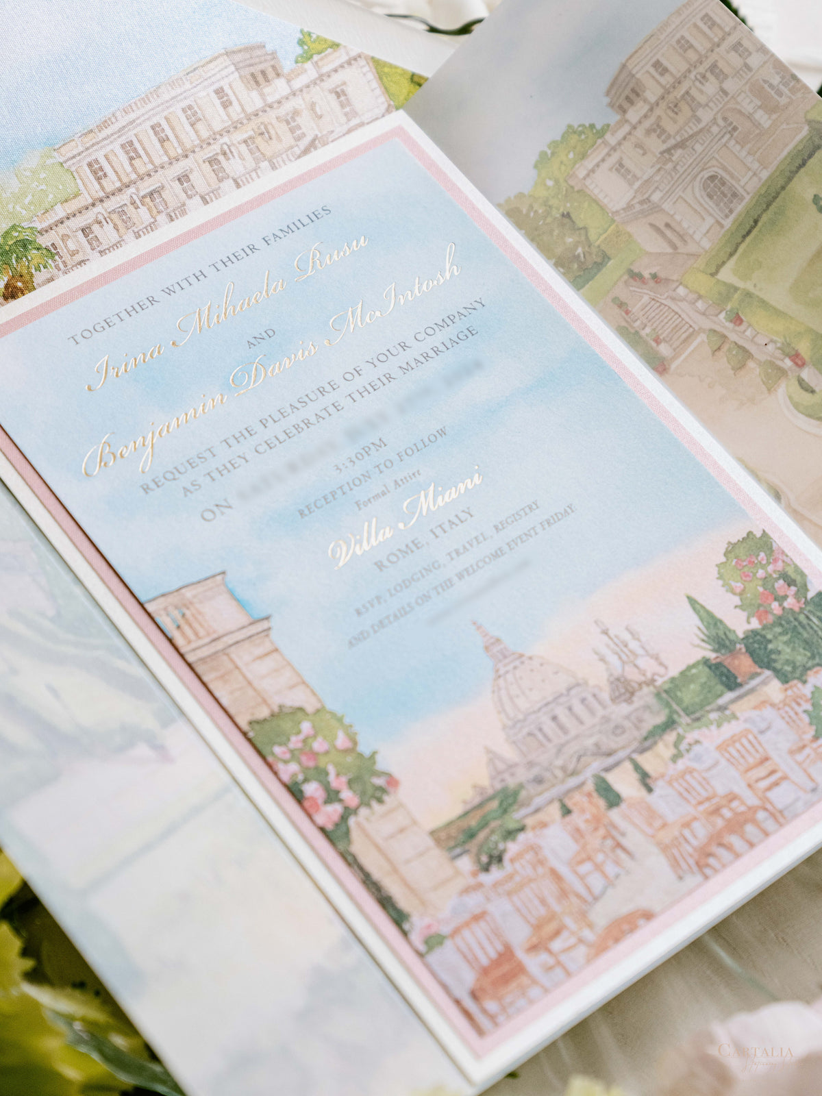 Watercolour Vellum Wrap Villa Miani Invitation with Velvet Ribbon | Bespoke Comission for I&B