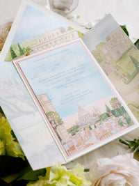 Watercolour Vellum Wrap Villa Miani Invitation with Velvet Ribbon | Bespoke Comission for I&B