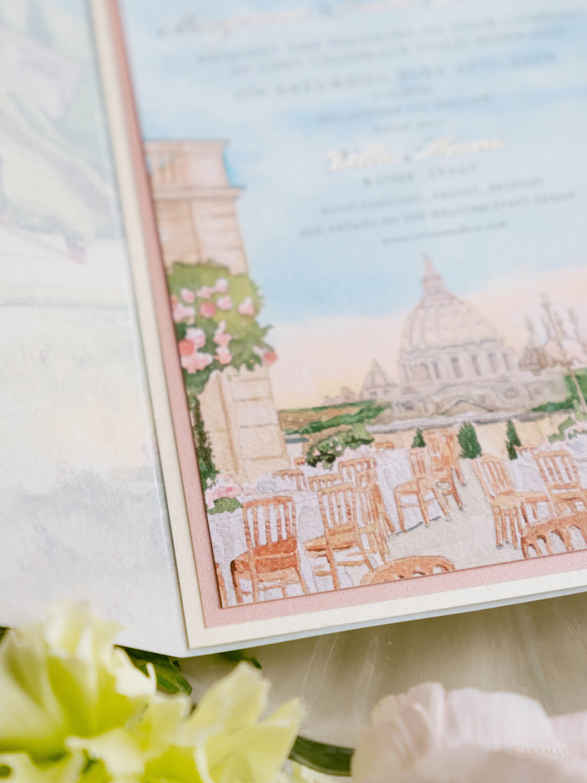 Watercolour Vellum Wrap Villa Miani Invitation with Velvet Ribbon | Bespoke Comission for I&B