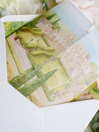 Watercolour Vellum Wrap Villa Miani Invitation with Velvet Ribbon | Bespoke Comission for I&B