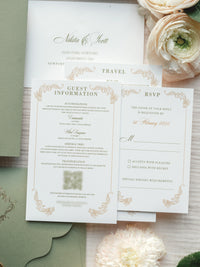 Luxury Sage Green & Gold Classic Pocket Suite with Gold Foil and Wedding Venue Sketch | Villa Corsini, Tuscany