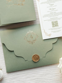 Luxury Sage Green & Gold Classic Pocket Suite with Gold Foil and Wedding Venue Sketch | Villa Corsini, Tuscany
