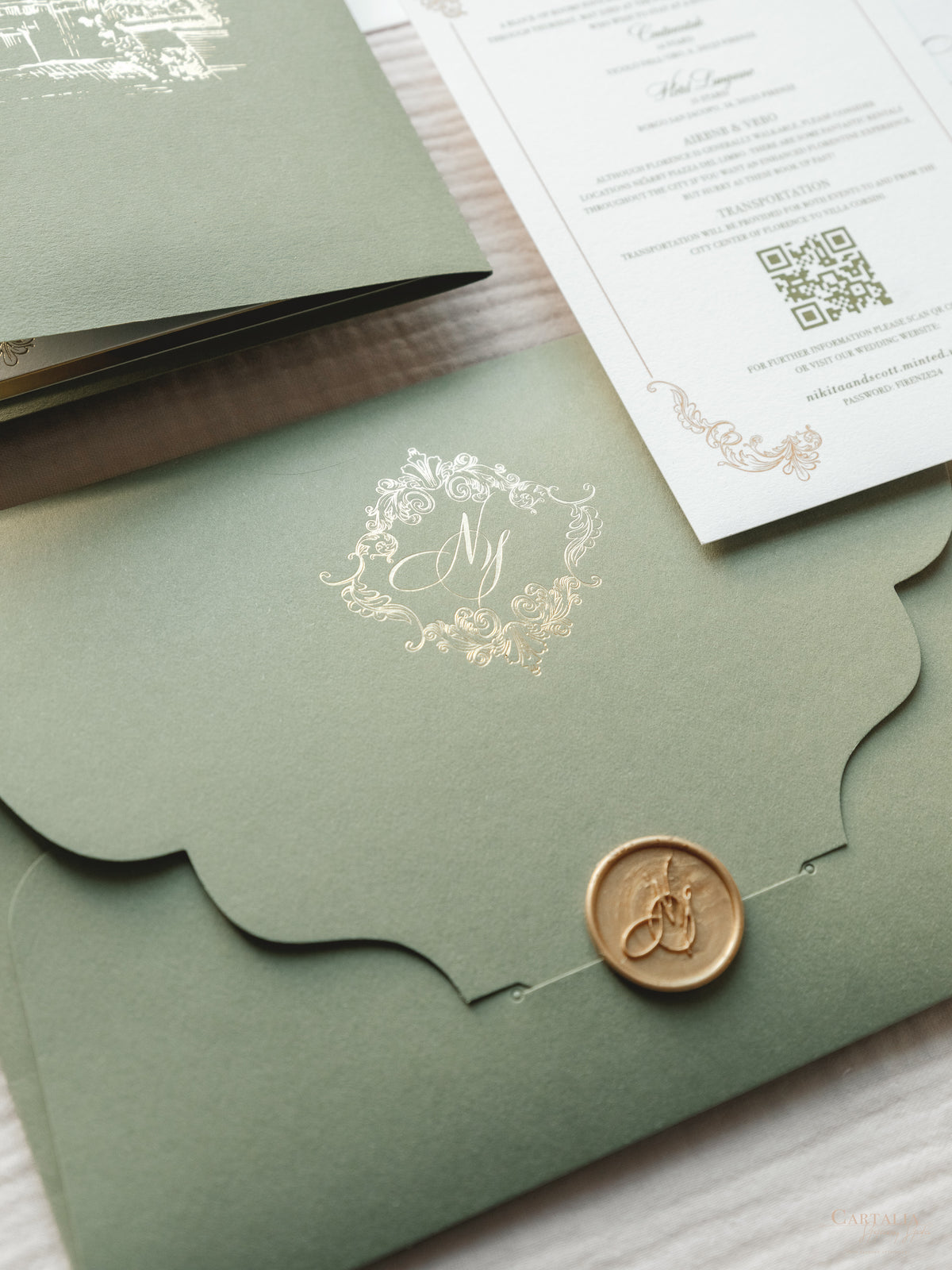 Luxury Sage Green & Gold Classic Pocket Suite with Gold Foil and Wedding Venue Sketch | Villa Corsini, Tuscany