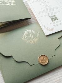 Luxury Sage Green & Gold Classic Pocket Suite with Gold Foil and Wedding Venue Sketch | Villa Corsini, Tuscany
