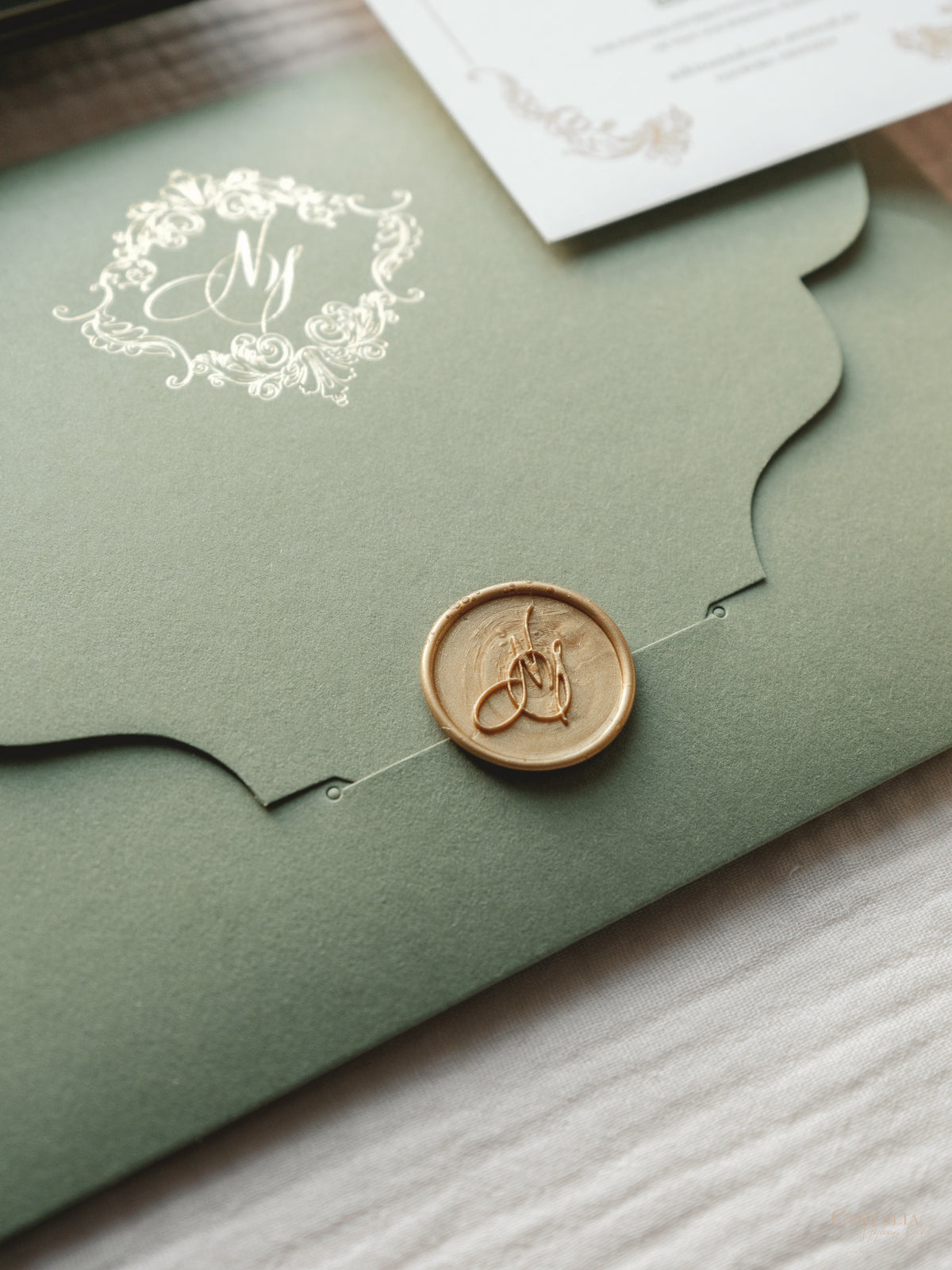 Luxury Sage Green & Gold Classic Pocket Suite with Gold Foil and Wedding Venue Sketch | Villa Corsini, Tuscany