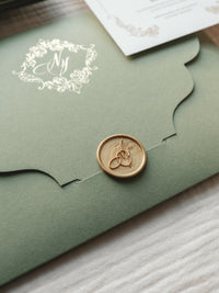 Luxury Sage Green & Gold Classic Pocket Suite with Gold Foil and Wedding Venue Sketch | Villa Corsini, Tuscany