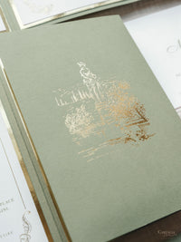 Luxury Sage Green & Gold Classic Pocket Suite with Gold Foil and Wedding Venue Sketch | Villa Corsini, Tuscany