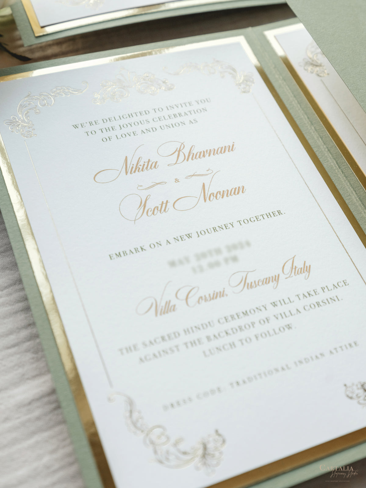 Luxury Sage Green & Gold Classic Pocket Suite with Gold Foil and Wedding Venue Sketch | Villa Corsini, Tuscany